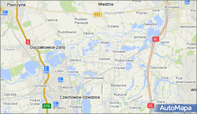 mapa Kaniów gmina Bestwina, Kaniów gmina Bestwina na mapie Targeo