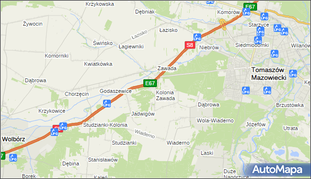 mapa Kolonia Zawada gmina Tomaszów Mazowiecki, Kolonia Zawada gmina Tomaszów Mazowiecki na mapie Targeo