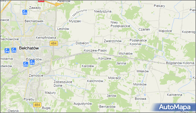 mapa Korczew gmina Bełchatów, Korczew gmina Bełchatów na mapie Targeo