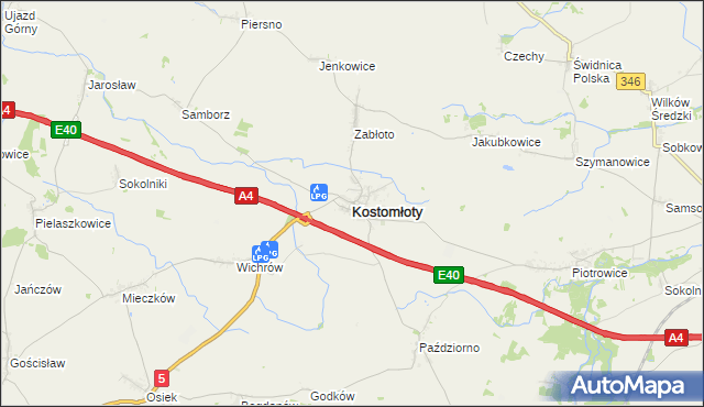 mapa Kostomłoty powiat średzki, Kostomłoty powiat średzki na mapie Targeo