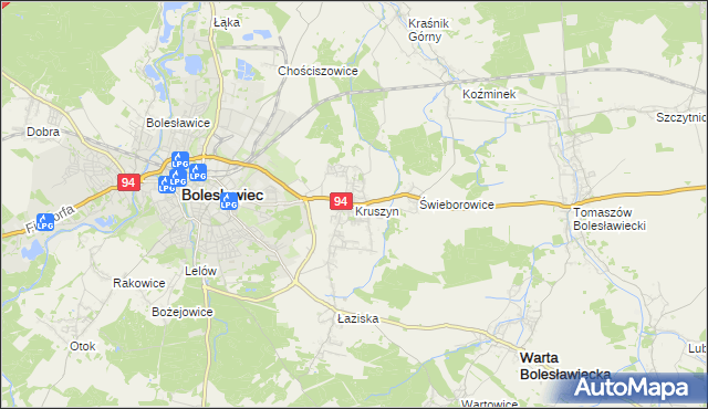 mapa Kruszyn gmina Bolesławiec, Kruszyn gmina Bolesławiec na mapie Targeo