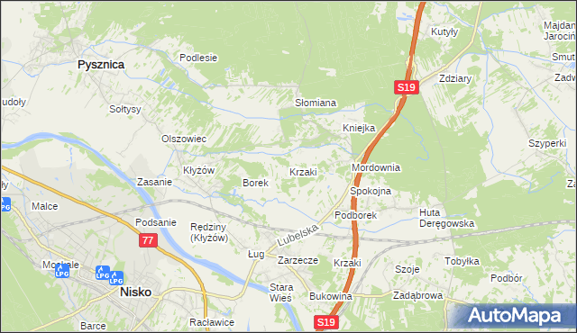 mapa Krzaki gmina Pysznica, Krzaki gmina Pysznica na mapie Targeo