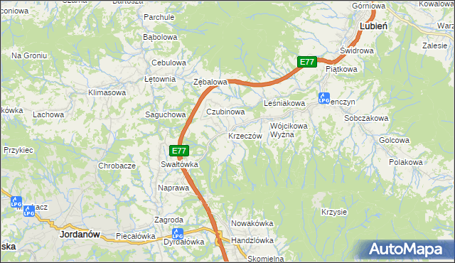 mapa Krzeczów gmina Lubień, Krzeczów gmina Lubień na mapie Targeo