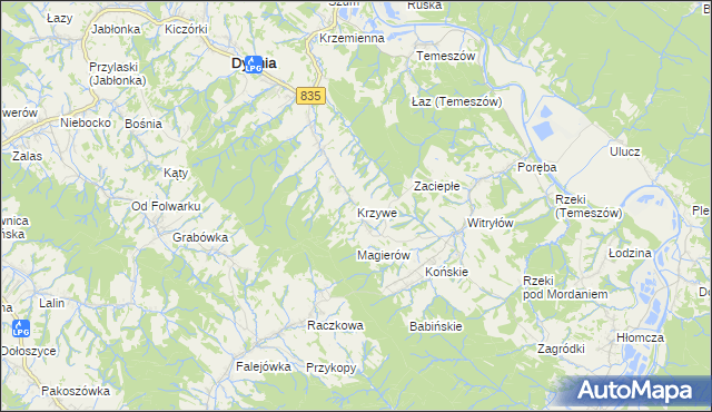 mapa Krzywe gmina Dydnia, Krzywe gmina Dydnia na mapie Targeo