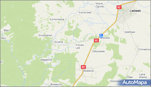 mapa Krzywy Las gmina Lwówek, Krzywy Las gmina Lwówek na mapie Targeo