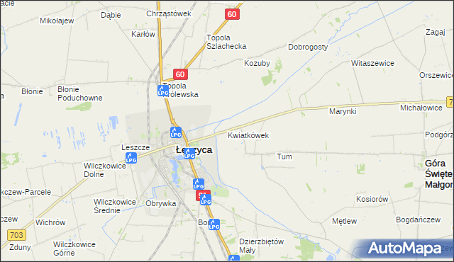 mapa Kwiatkówek gmina Góra Świętej Małgorzaty, Kwiatkówek gmina Góra Świętej Małgorzaty na mapie Targeo