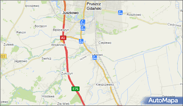 mapa Łęgowo gmina Pruszcz Gdański, Łęgowo gmina Pruszcz Gdański na mapie Targeo