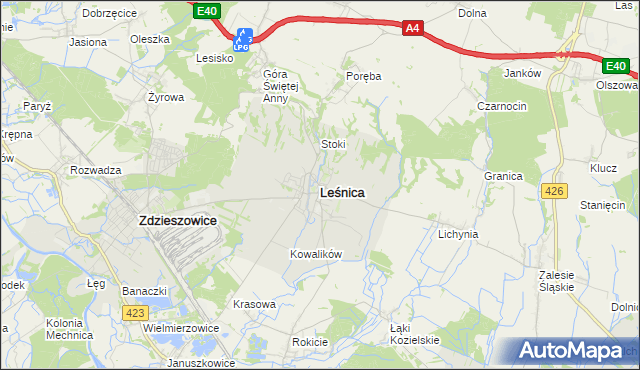 mapa Leśnica powiat strzelecki, Leśnica powiat strzelecki na mapie Targeo