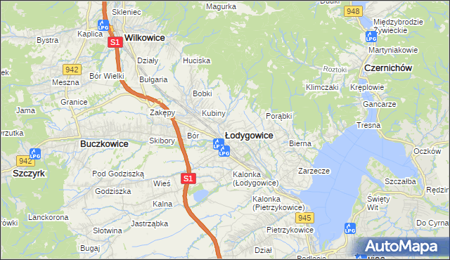 mapa Łodygowice powiat żywiecki, Łodygowice powiat żywiecki na mapie Targeo