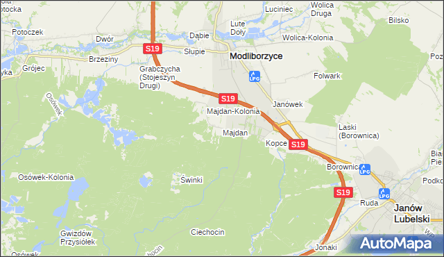 mapa Majdan gmina Modliborzyce, Majdan gmina Modliborzyce na mapie Targeo