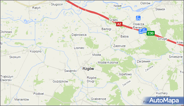 mapa Modła gmina Rzgów, Modła gmina Rzgów na mapie Targeo