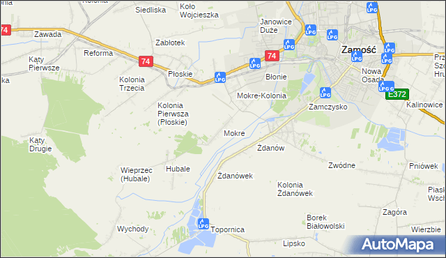 mapa Mokre gmina Zamość, Mokre gmina Zamość na mapie Targeo