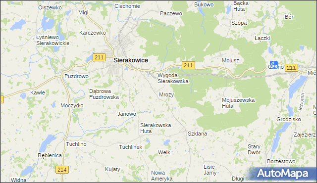 mapa Mrozy gmina Sierakowice, Mrozy gmina Sierakowice na mapie Targeo