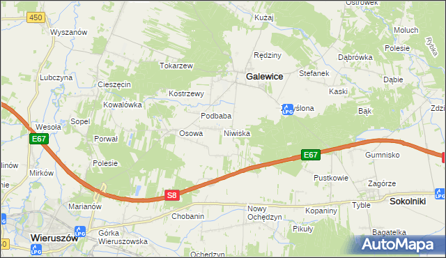 mapa Niwiska gmina Galewice, Niwiska gmina Galewice na mapie Targeo
