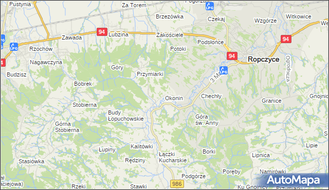 mapa Okonin gmina Ropczyce, Okonin gmina Ropczyce na mapie Targeo