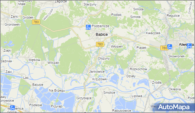 mapa Olszyny gmina Babice, Olszyny gmina Babice na mapie Targeo