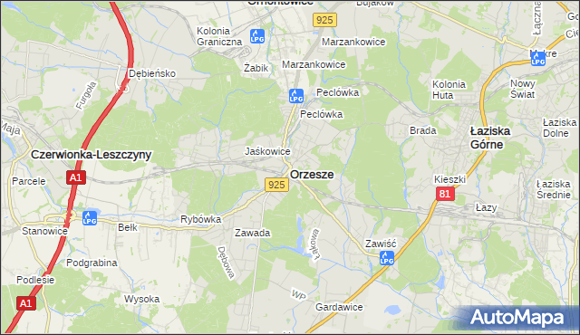 mapa Orzesze powiat mikołowski, Orzesze powiat mikołowski na mapie Targeo