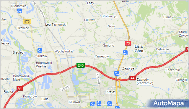 mapa Pawęzów gmina Lisia Góra, Pawęzów gmina Lisia Góra na mapie Targeo