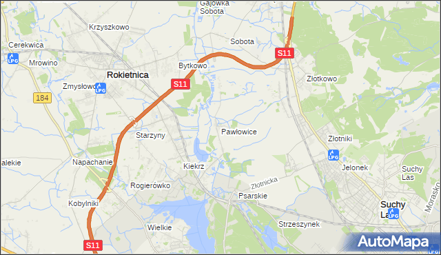 mapa Pawłowice gmina Rokietnica, Pawłowice gmina Rokietnica na mapie Targeo