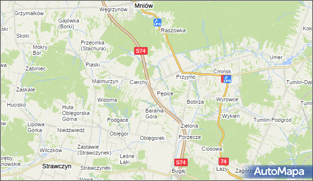 mapa Pępice gmina Mniów, Pępice gmina Mniów na mapie Targeo