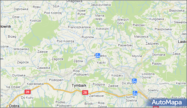 mapa Piekiełko gmina Tymbark, Piekiełko gmina Tymbark na mapie Targeo