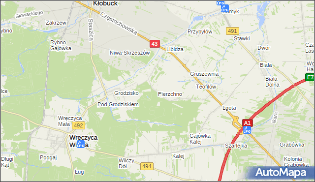 mapa Pierzchno gmina Wręczyca Wielka, Pierzchno gmina Wręczyca Wielka na mapie Targeo