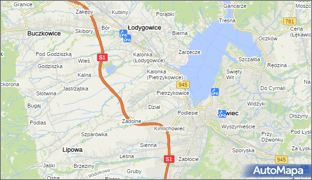 mapa Pietrzykowice gmina Łodygowice, Pietrzykowice gmina Łodygowice na mapie Targeo