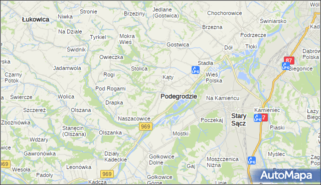 mapa Podegrodzie powiat nowosądecki, Podegrodzie powiat nowosądecki na mapie Targeo