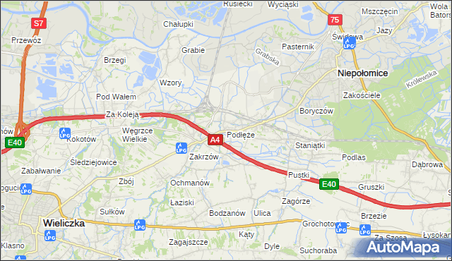 mapa Podłęże gmina Niepołomice, Podłęże gmina Niepołomice na mapie Targeo