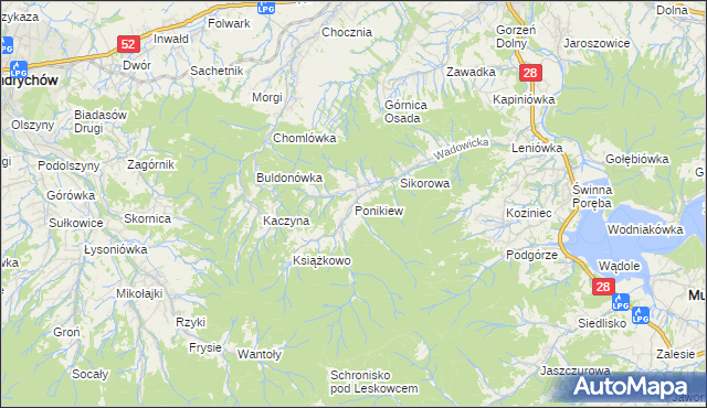 mapa Ponikiew gmina Wadowice, Ponikiew gmina Wadowice na mapie Targeo