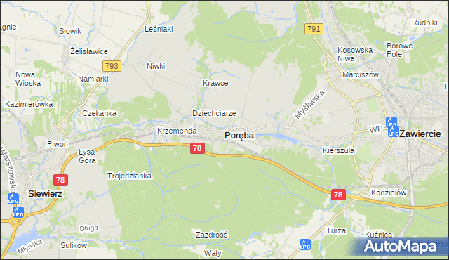 mapa Poręba powiat zawierciański, Poręba powiat zawierciański na mapie Targeo