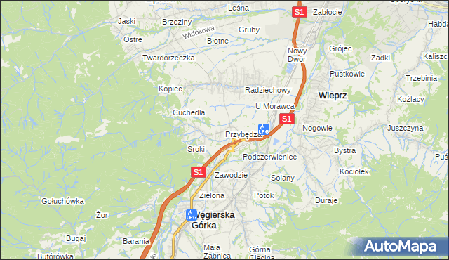 mapa Przybędza, Przybędza na mapie Targeo