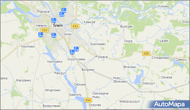 mapa Pysząca gmina Śrem, Pysząca gmina Śrem na mapie Targeo