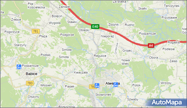 mapa Regulice gmina Alwernia, Regulice gmina Alwernia na mapie Targeo