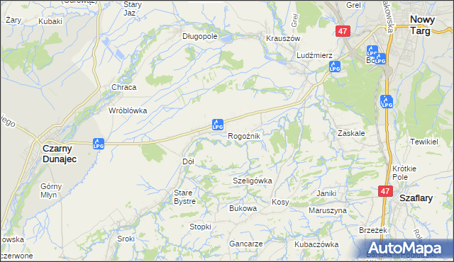 mapa Rogoźnik gmina Nowy Targ, Rogoźnik gmina Nowy Targ na mapie Targeo