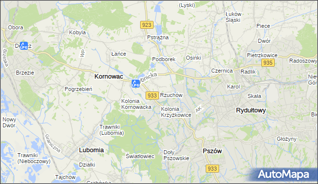 mapa Rzuchów gmina Kornowac, Rzuchów gmina Kornowac na mapie Targeo