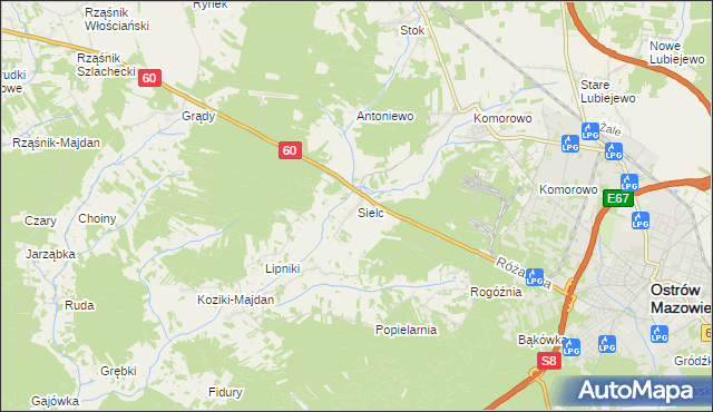 mapa Sielc gmina Ostrów Mazowiecka, Sielc gmina Ostrów Mazowiecka na mapie Targeo