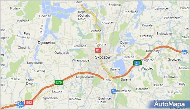 mapa Skoczów powiat cieszyński, Skoczów powiat cieszyński na mapie Targeo