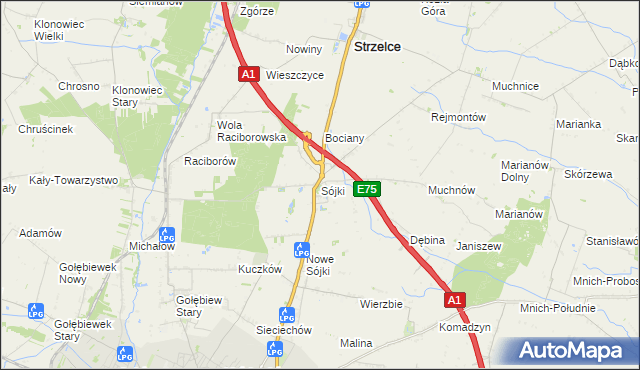 mapa Sójki gmina Strzelce, Sójki gmina Strzelce na mapie Targeo