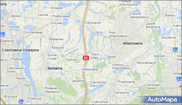 mapa Stara Wieś gmina Wilamowice, Stara Wieś gmina Wilamowice na mapie Targeo