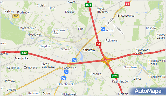 mapa Stryków powiat zgierski, Stryków powiat zgierski na mapie Targeo