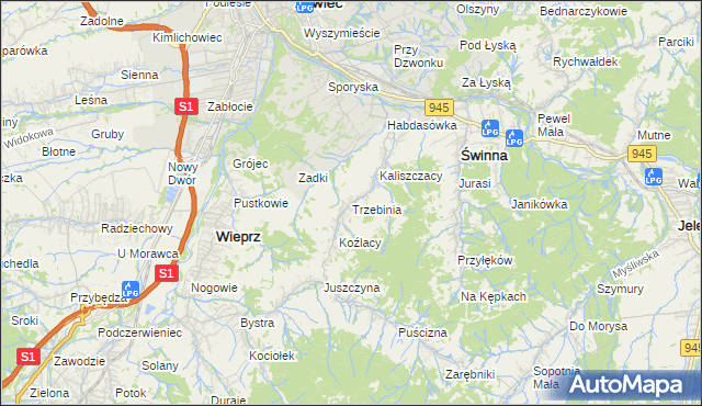 mapa Trzebinia gmina Świnna, Trzebinia gmina Świnna na mapie Targeo