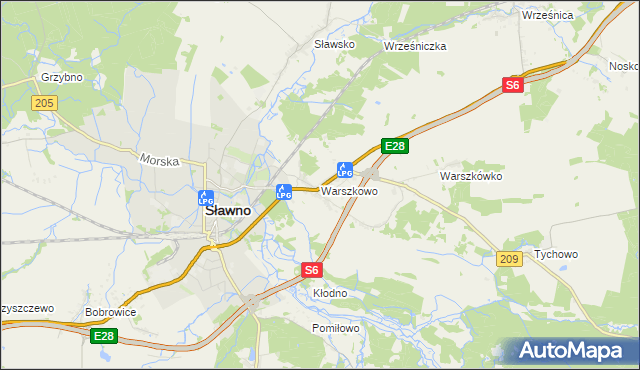 mapa Warszkowo gmina Sławno, Warszkowo gmina Sławno na mapie Targeo