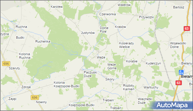 mapa Węże gmina Sokołów Podlaski, Węże gmina Sokołów Podlaski na mapie Targeo