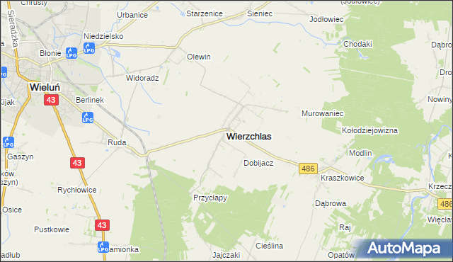 mapa Wierzchlas powiat wieluński, Wierzchlas powiat wieluński na mapie Targeo