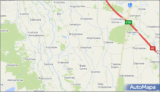 mapa Wilamów gmina Uniejów, Wilamów gmina Uniejów na mapie Targeo