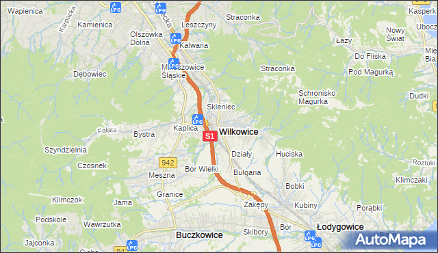 mapa Wilkowice powiat bielski, Wilkowice powiat bielski na mapie Targeo