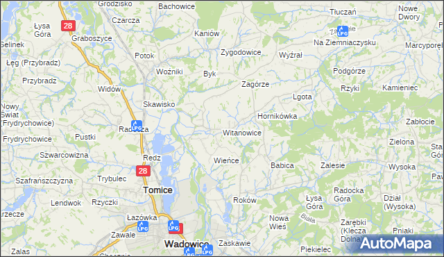 mapa Witanowice gmina Tomice, Witanowice gmina Tomice na mapie Targeo
