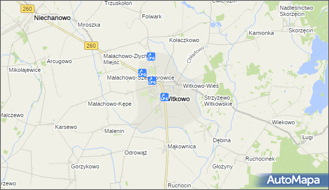 mapa Witkowo powiat gnieźnieński, Witkowo powiat gnieźnieński na mapie Targeo