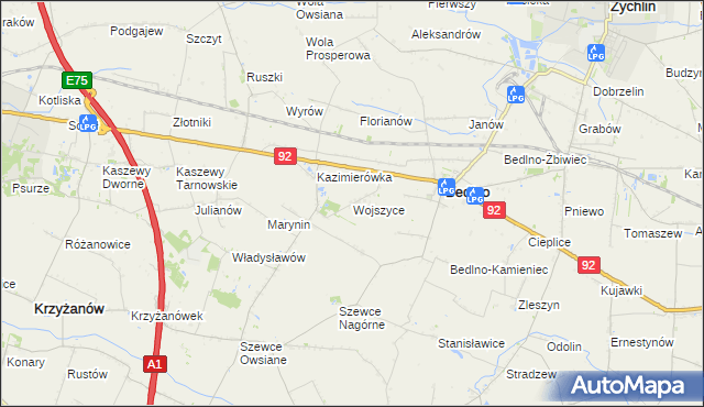 mapa Wojszyce gmina Bedlno, Wojszyce gmina Bedlno na mapie Targeo